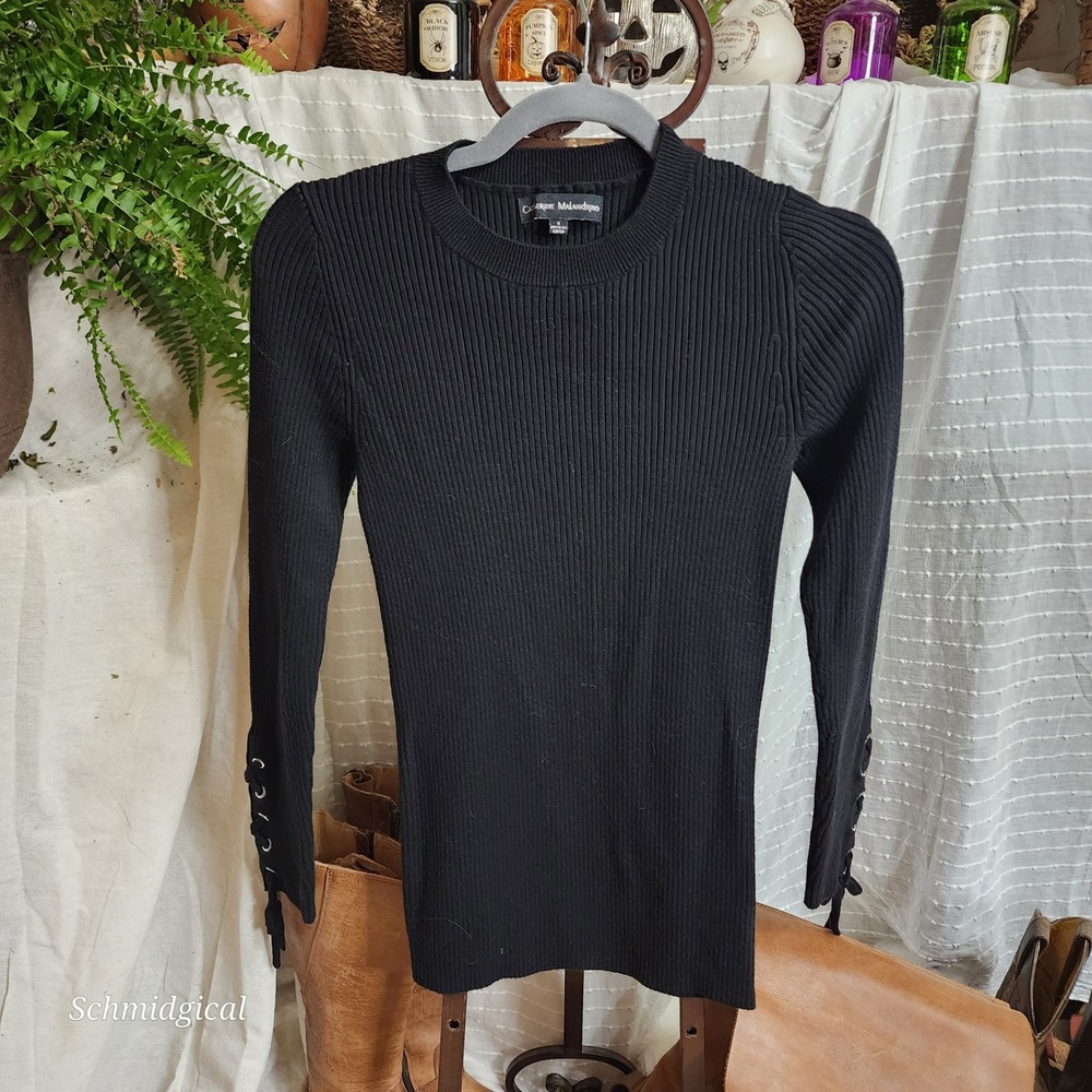 Catherine Malandrino Black Ribbed Knit Sweater Lace Up Grommet Cuff Womens Small